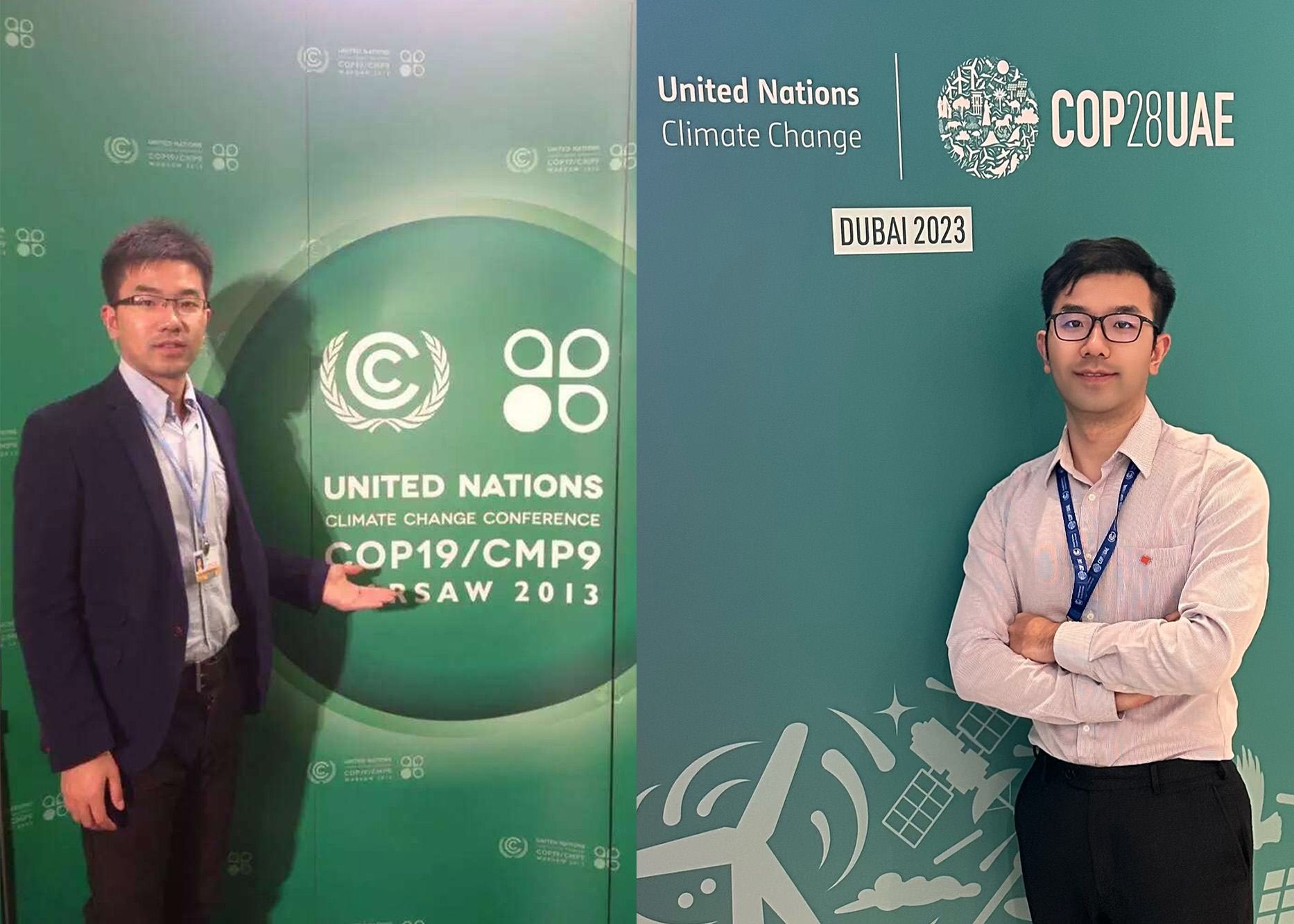 从2013年华沙气候大会（左）到2023年迪拜气候大会（右），许望没有错过十年间的任何一届会议。