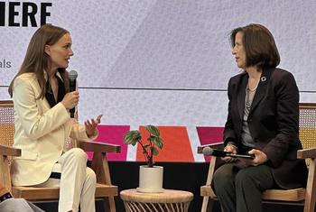 Academy-Award-winning actress and activist Natalie Portman (left) spoke to Melissa Fleming, UN Under-Secretary General for Global Communications, about gender equality.