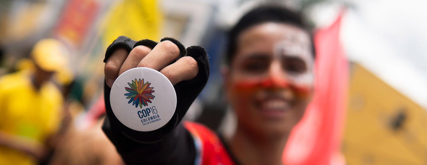Un joven muestra un botón con la imagen oficial de la COP16 en una marcha de carnaval en Ibagué (Tolima). 