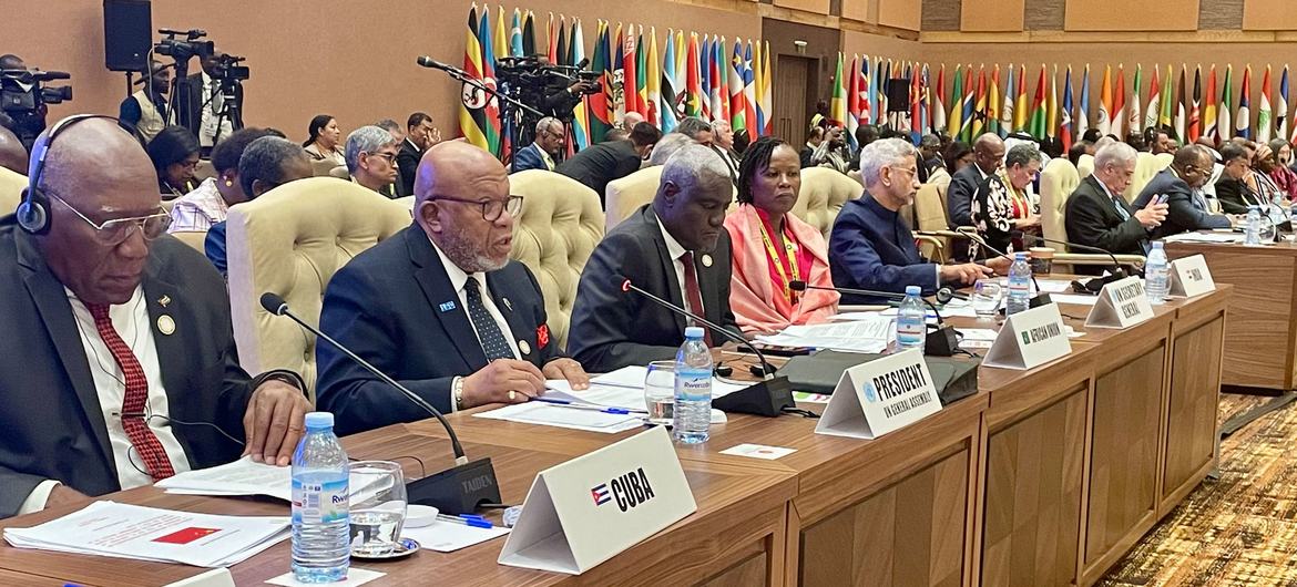 General Assembly President Dennis Francis (2nd left) addresses the opening of the 19th Non-Aligned Movement Summit in Kampala, Uganda.