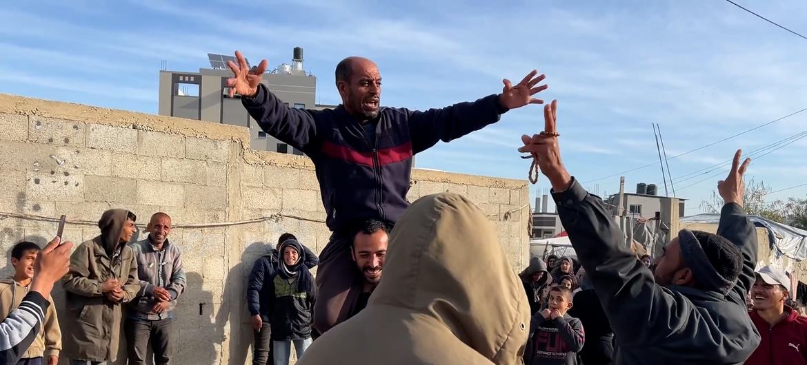 Gatherings of citizens celebrating the ceasefire in Nuseirat Camp, in the central Gaza Strip.