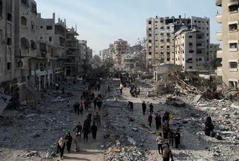 Aerial footage reveals the extent of destruction from 15 months of Israeli bombardment as residents return to their homes in northern Gaza's Saftawi area.