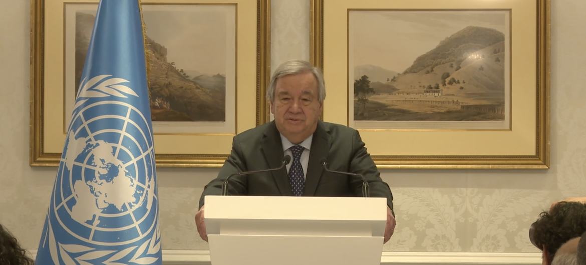 UN Secretary-General António Guterres addresses the media in Doha, Qatar.