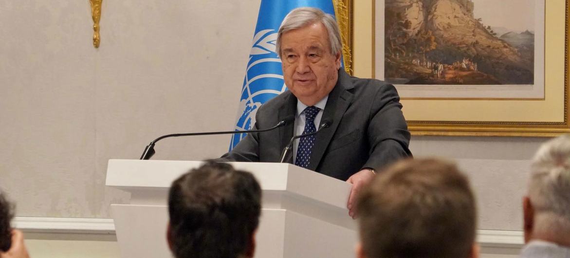 UN Secretary-General António Guterres speaking to the media in Doha.