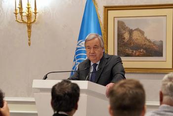 UN Secretary-General António Guterres addresses the media in Doha, Qatar.