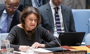 Rosemary DiCarlo, Under-Secretary-General for Political and Peacebuilding Affairs, briefs UN Security Council members on the situation in Libya.