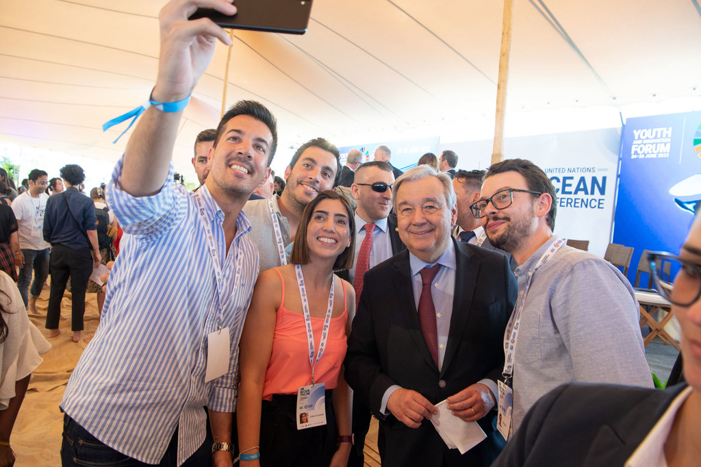 UN Secretary-General António Guterres attends the Youth and Innovation Forum during the 2022 UN Ocean Conference in Portugal.