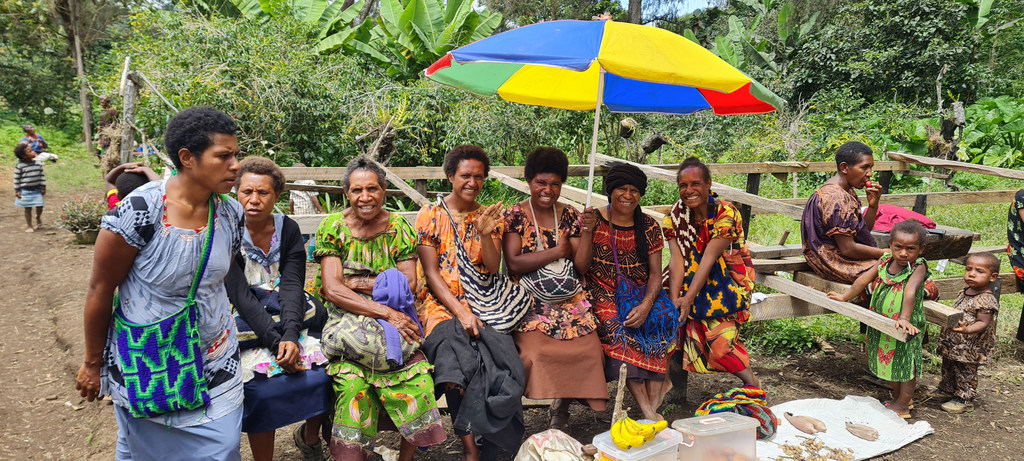 Lebih dari 100 wanita sedang menunggu klinik kesehatan keliling UNFPA di pedesaan Dataran Tinggi Timur, Papua Nugini.