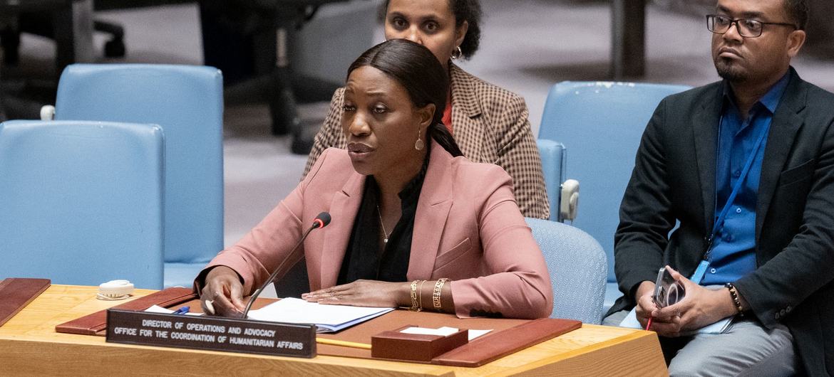 Edem Wosornu, Directrice des opérations et du plaidoyer au Bureau de la coordination des affaires humanitaires, informe la réunion du Conseil de sécurité de la situation au Soudan.