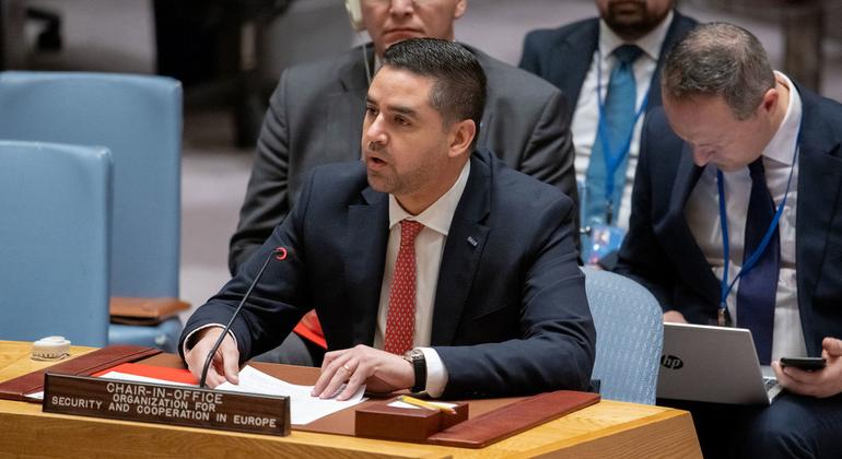 Foreign Minster Ian Borg of Malta, Chairperson-in-Office of the Organization for Security and Cooperation in Europe, briefs members of the UN Security Council.
