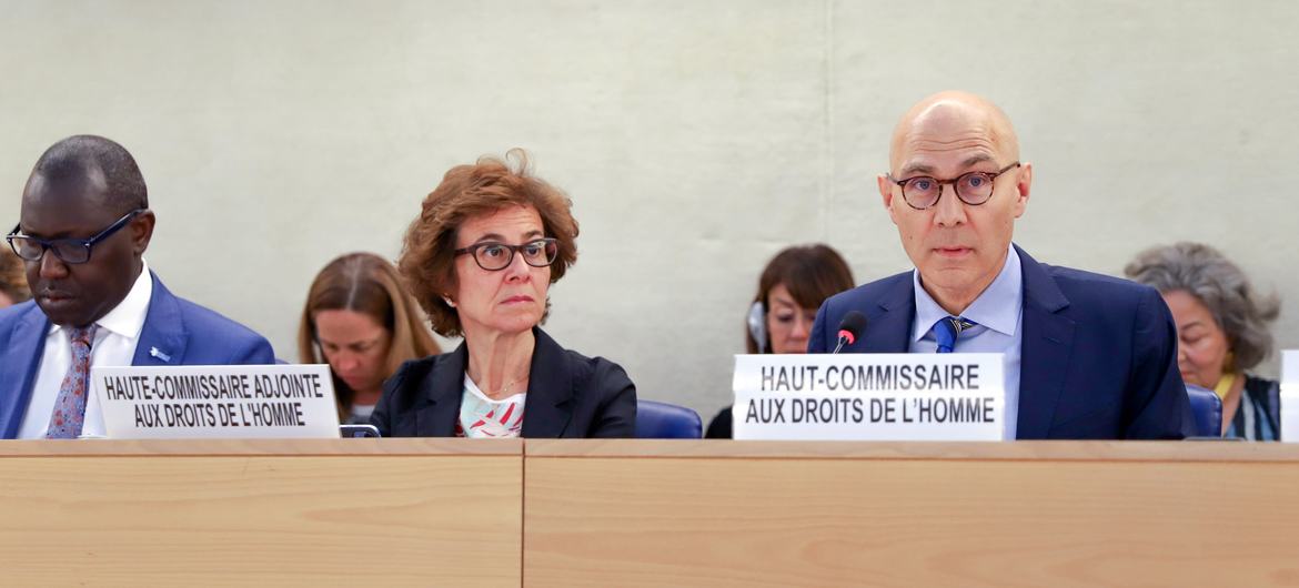 Volker Türk (right), UN High Commissioner for Human Rights, addresses the opening of the Human Rights Council 53rd Session.