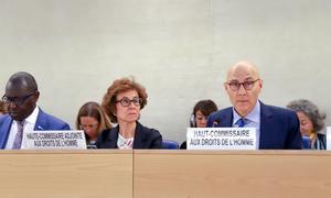 Volker Türk (right), UN High Commissioner for Human Rights, addresses the opening of the Human Rights Council 53rd Session.