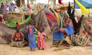 People seek shelter at a refugee entry point located 5 km from the Chadian border with Sudan. Most of these people were already internally displaced in the Darfur region.