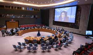 Stephanie Koury (on screen), Deputy Special Representative for Political Affairs for Libya, briefs the Security Council.