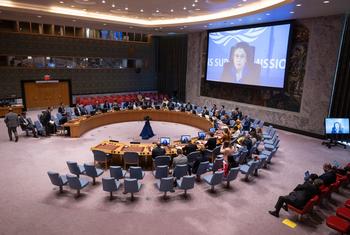 Stephanie Koury (on screen), Deputy Special Representative for Political Affairs for Libya, briefs the Security Council.