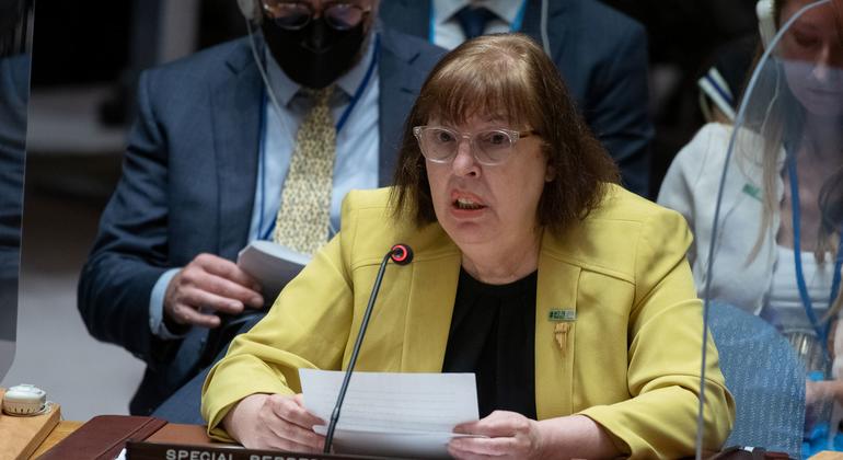Virginia Gamba, Special Representative of the Secretary-General for Children and Armed Conflict, briefs UN Security Council members on children and armed conflict.