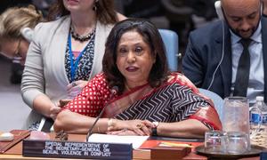 Pramila Patten, Special Representative of the Secretary-General on Sexual Violence in Conflict, briefs the Security Council during the meeting on women, peace and security.