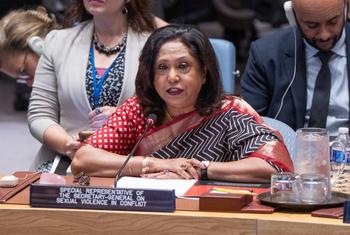 Pramila Patten, Special Representative of the Secretary-General on Sexual Violence in Conflict, briefs the Security Council during the meeting on women, peace and security.