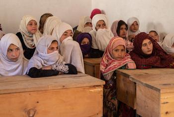 在阿富汗努里斯坦省的一所高中，一群小学女生坐在教室里。