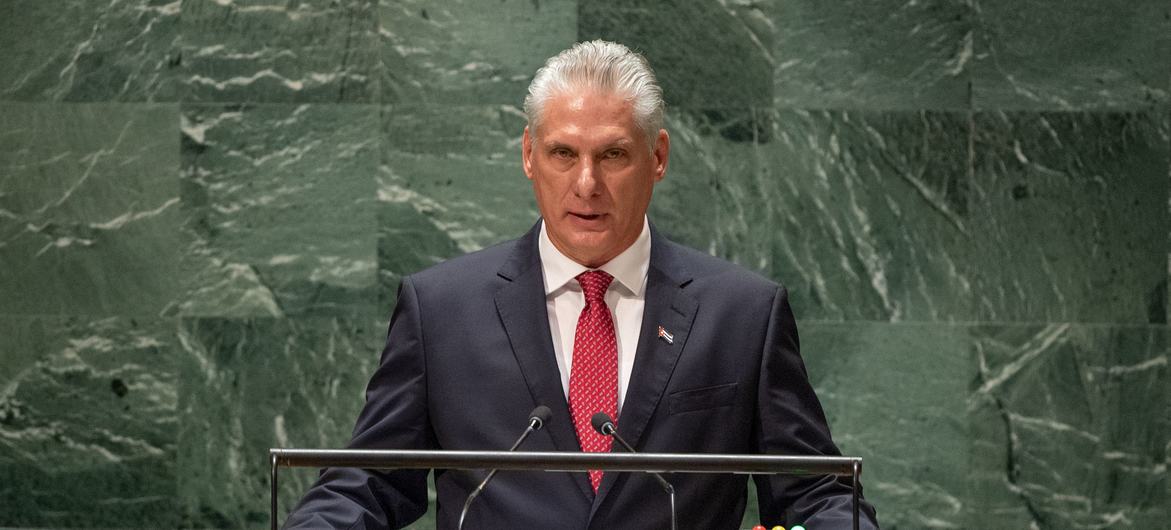 El presidente de Cuba, Miguel Díaz-Canel Bermúdez, interviene en el debate general del 78º período de sesiones de la Asamblea General.
