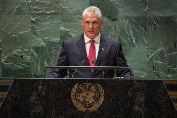 古巴国家主席米格尔·迪亚斯-卡内尔·贝穆德斯在联合国大会第78届会议一般性辩论上发言。