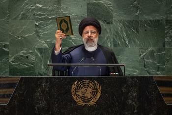 ईरान के राष्ट्रपति सैयद इब्राहीम रईसी, यूएन महासभा के 78वें सत्र को सम्बोधित करते हुए. (19 सितम्बर 2023).
