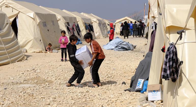 Hygiene kits are distributed to families displaced by the earthquakes in northwestern Syria in February (file photo).