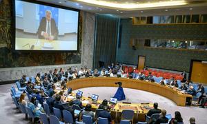 Tor Wennesland (on screen), Special Coordinator for the Middle East Peace Process and Personal Representative of the Secretary-General, briefs the Security Council meeting on the situation in the Middle East, including the Palestinian question.