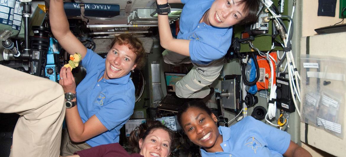 Astronauts Tracy Caldwell Dyson, Dorothy Metcalf-Lindenburger, Naoko Yamazaki and Stephanie Wilson pose for a photo at the International Space Station in 2010, marking the first time four women were in space at the same time.