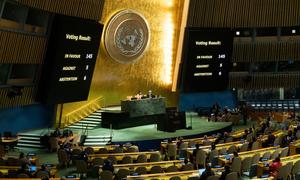 A view of the results of the vote on a resolution on "Participation by the State of Palestine during the eightieth session" at the General Assembly.