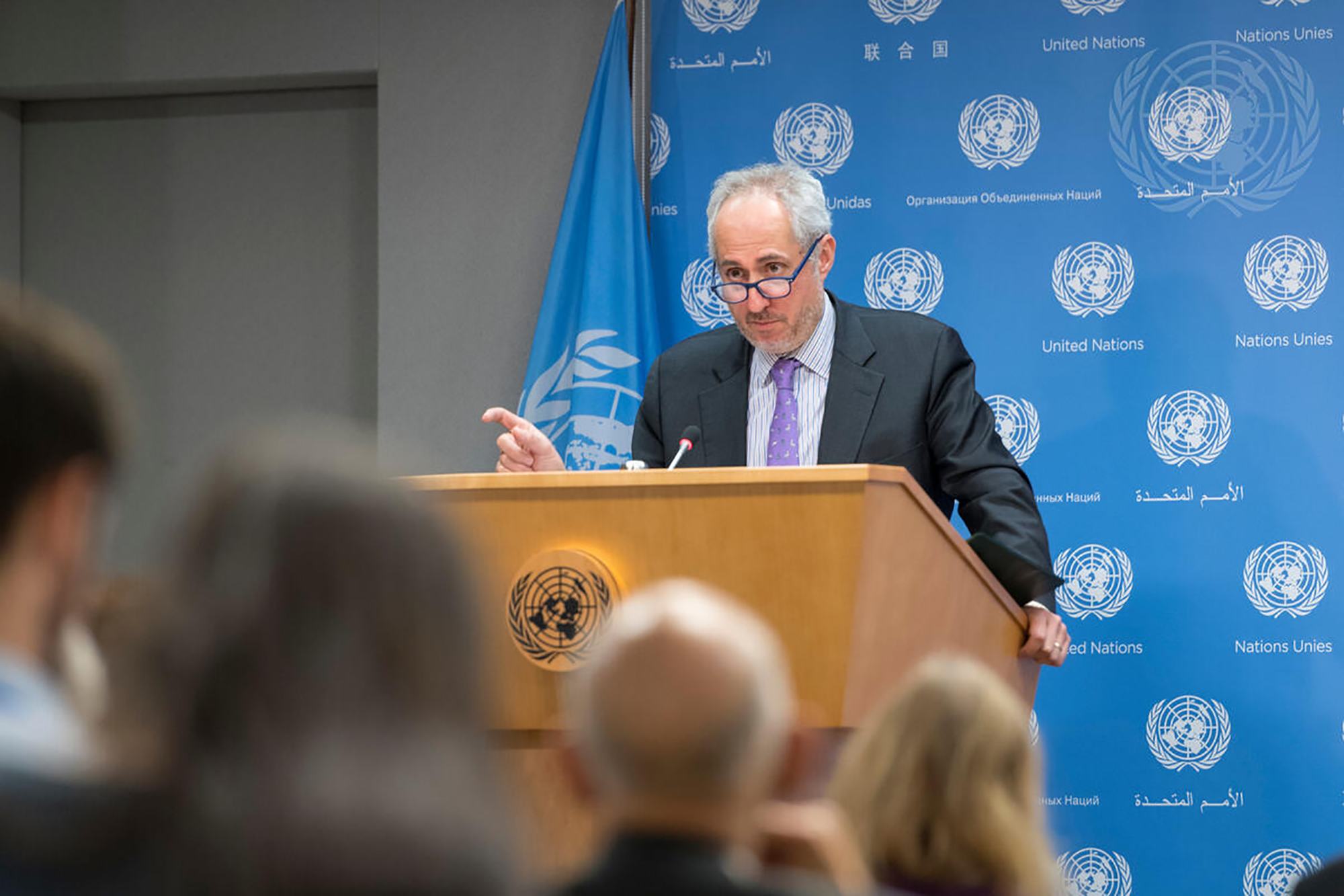 Stéphane Dujarric, porte-parole du Secrétaire général de l'ONU, lors du point de presse de midi, à New York.