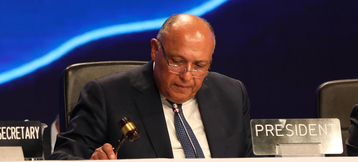 第27届联合国气候变化大会主席、埃及外交部长舒凯里宣布设立损失和损害基金的决定。