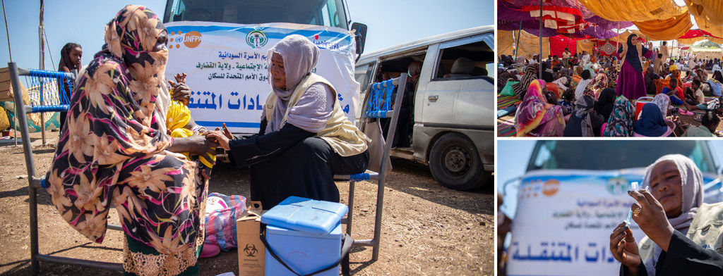 Une membre de l'équipe mobile de santé de l'UNFPA fournit des services de santé aux femmes et aux enfants déplacés à Gedaref, dans l'est du Soudan.