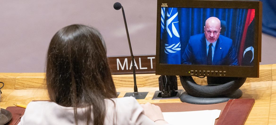 Karim Khan (on screen), Prosecutor of the International Criminal Court (ICC), briefs the Security Council meeting on the situation in Libya.