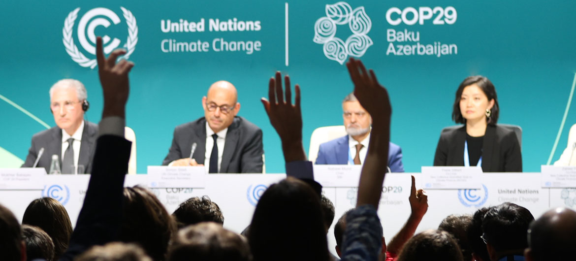 Midway point press conference in Baku on Monday, 18 November, with COP29 President Mukhtar Babayev (far left), and the Executive Director of UN Climate Change, Simon Stiell (second from left).
