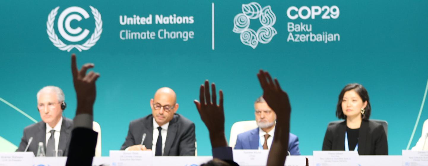 Midway point press conference in Baku on Monday, 18 November, with COP29 President Mukhtar Babayev (far left), and the Executive Director of UN Climate Change, Simon Stiell (second from left).