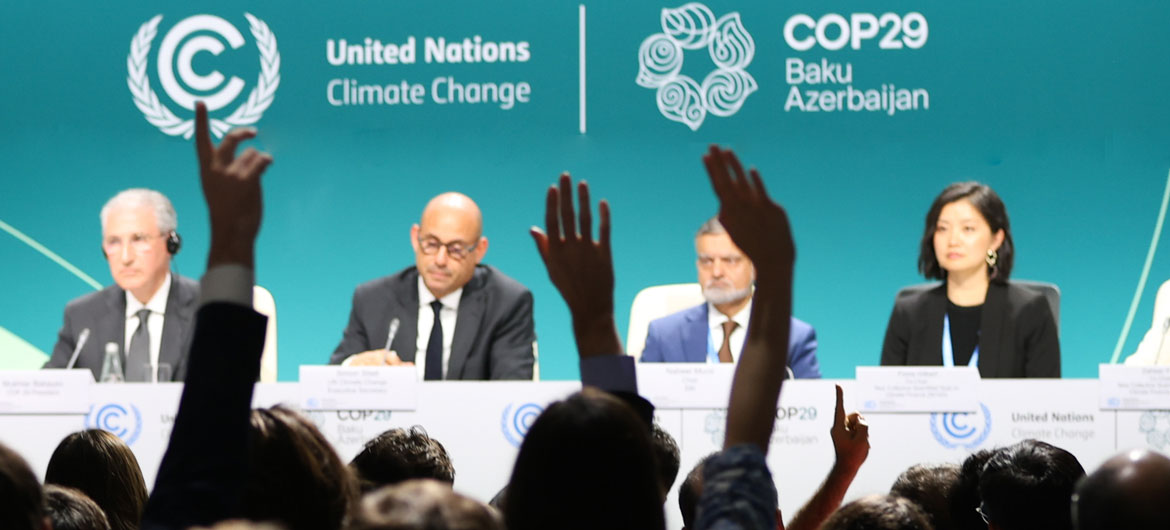 Midway point press conference in Baku on Monday, 18 November, with COP29 President Mukhtar Babayev (far left), and the Executive Director of UN Climate Change, Simon Stiell (second from left).