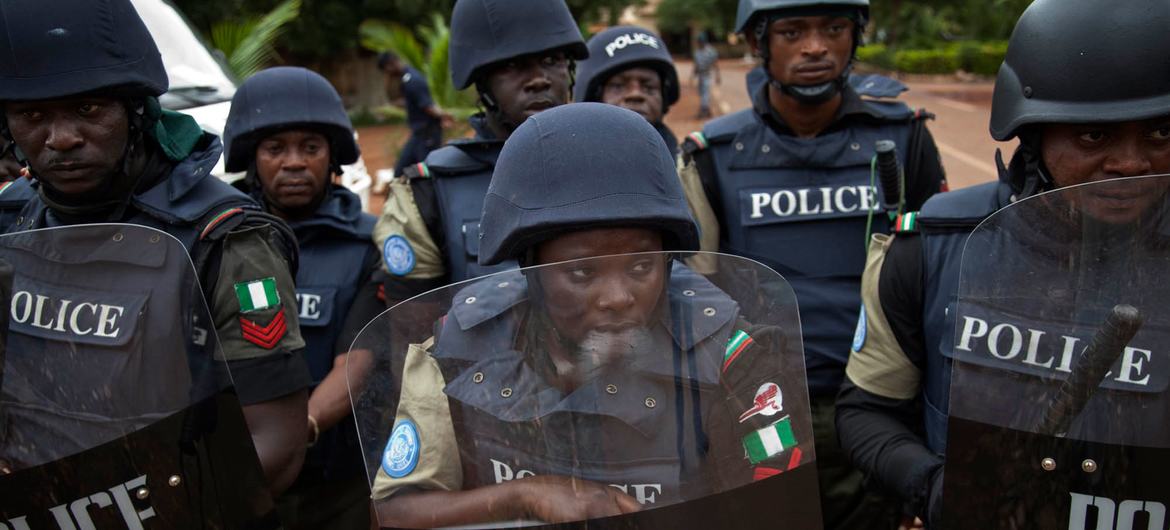 Senegalese and Nigerian UNPOL Officers attend  crowd control training along with Malian Police Officers at a police academy in Bamako, Mali.