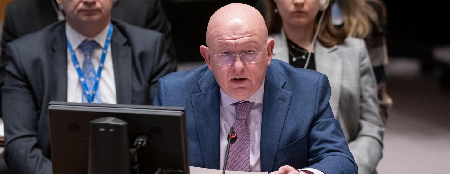 Ambassador Vassily Nebenzia of the Russian Federation addresses the UN Security Council meeting on the situation in the Middle East, including the Palestinian question.