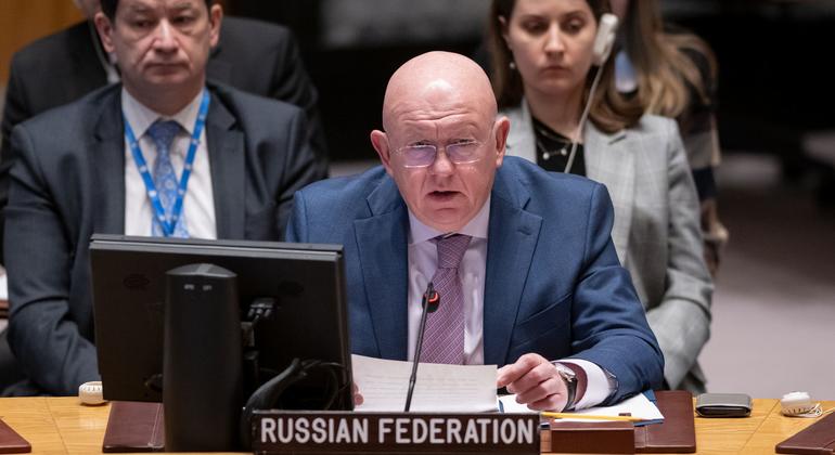Ambassador Vassily Nebenzia of the Russian Federation addresses the UN Security Council meeting on the situation in the Middle East, including the Palestinian question.