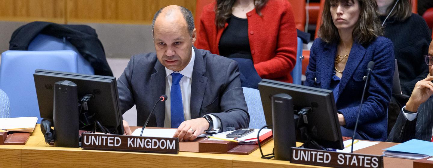 Deputy Permanent Representative James Kariuki of the United Kingdom addresses the Security Council meeting on the situation in the Middle East, including the Palestinian question.
