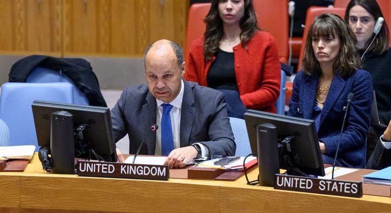 ब्रिटेन के उप स्थाई प्रतिनिधि जेम्स करियूकी, सुरक्षा परिषद की बैठक को सम्बोधित करते हुए (19 दिसम्बर 2023).