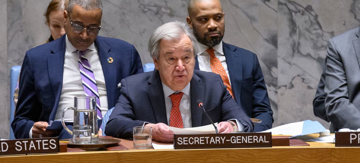 Secretary-General António Guterres addresses the Security Council meeting on the situation in the Middle East, including the Palestinian question.