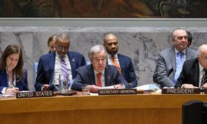 Secretary-General António Guterres addresses the Security Council meeting on the situation in the Middle East, including the Palestinian question.