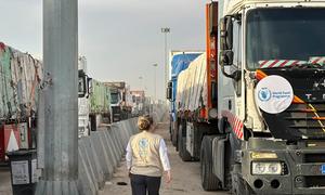 Trucks carrying food wait to enter Gaza.