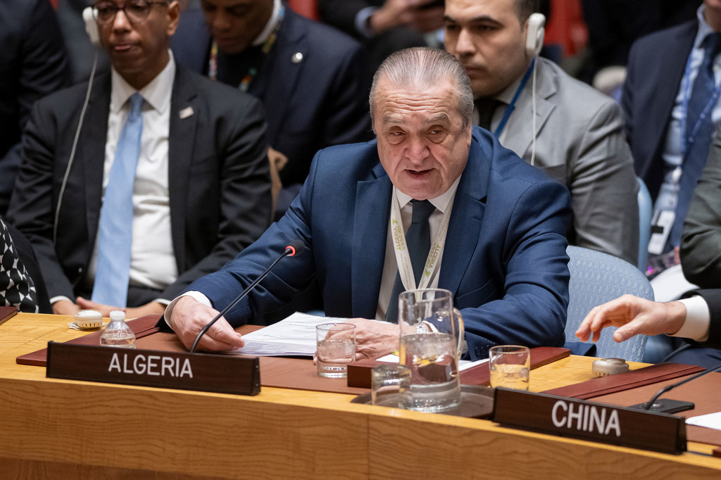 Ambassador Amar Bendjama of Algeria addresses the Security Council meeting on the situation in the Middle East, including the Palestinian question.