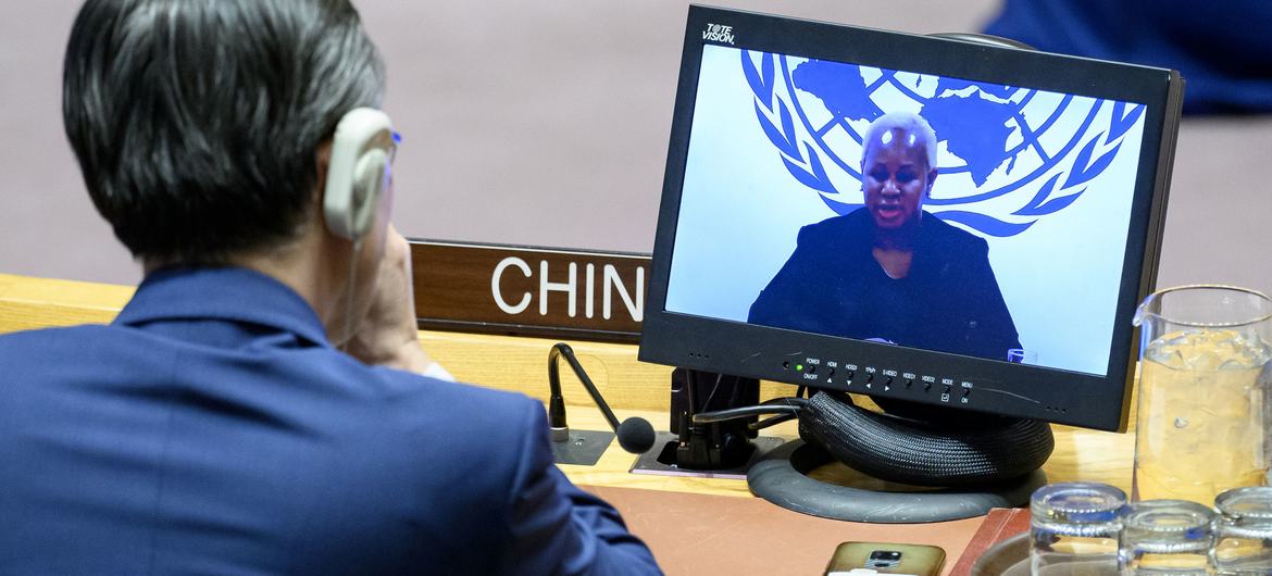 Bintou Keita (on screen), Special Representative of the Secretary-General and Head of the UN Organization Stabilization Mission in the Democratic Republic of the Congo, briefs the Security Council meeting on the situation concerning the country.