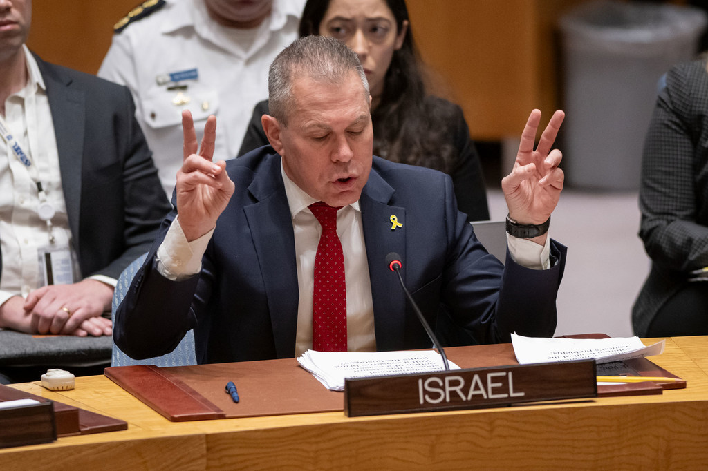 Ambassador Gilad Erdan of Israel addresses the Security Council meeting on the situation in the Middle East, including the Palestinian question.