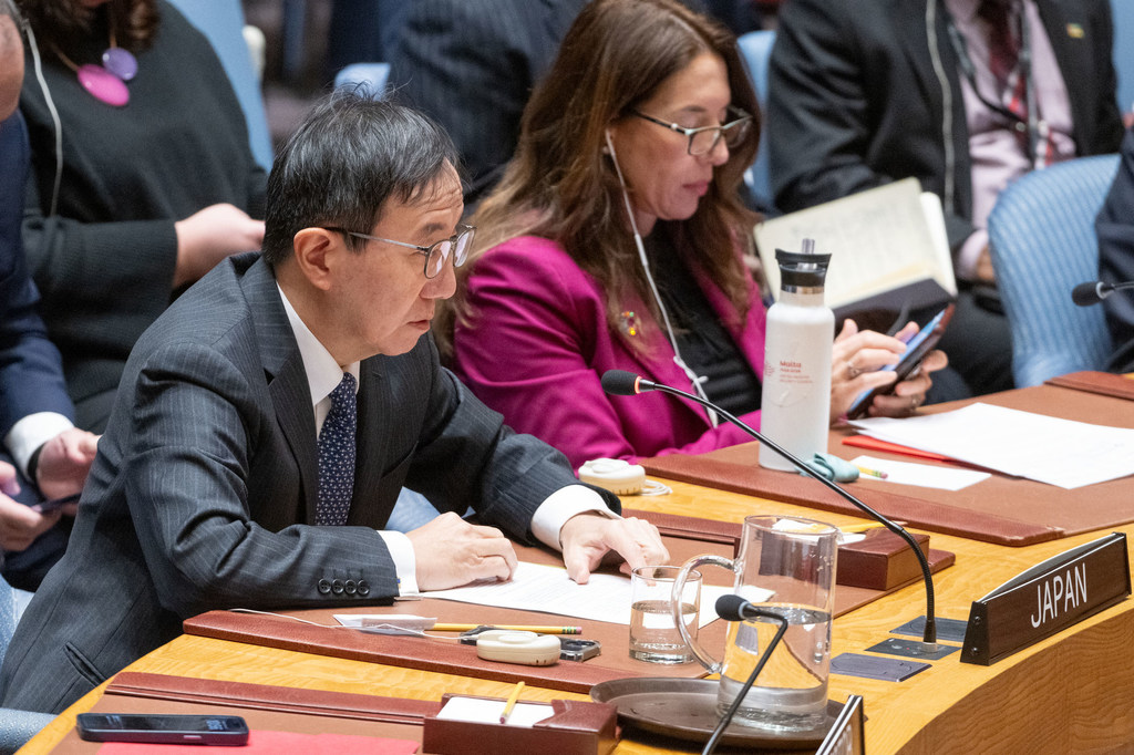 Ambassador Yamazaki Kazuyuki of Japan addresses the UN Security Council meeting on the situation in the Middle East, including the Palestinian question.