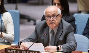 El observador permanente del Estado de Palestina ante las Naciones Unidas, Riyad Mansour, se dirige a la reunión del Consejo de Seguridad sobre la situación en Oriente Medio, incluida la cuestión palestina.